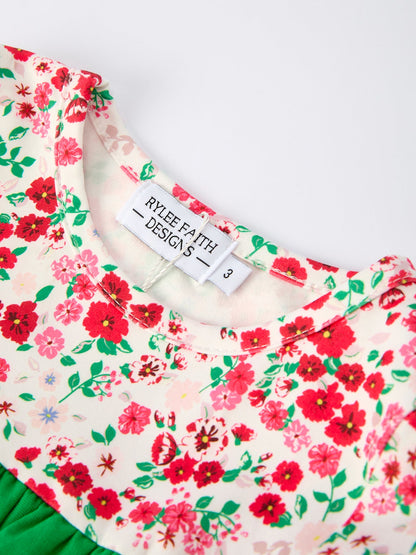 Christmas Santa Applique Girls Floral Long Sleeve Set