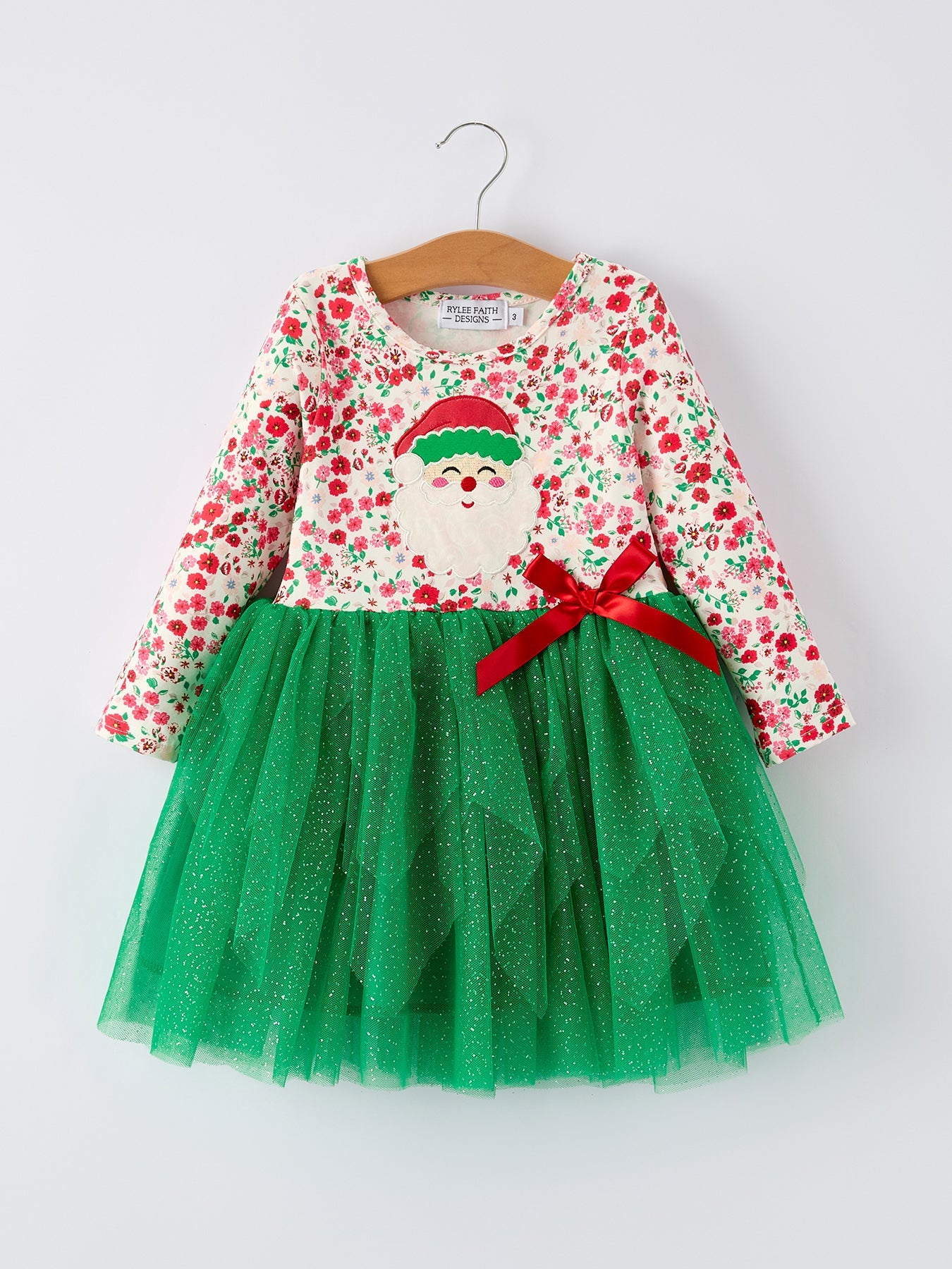 Christmas Santa Applique Floral Long Sleeve Ruffle with Bow Ties Girls Dress