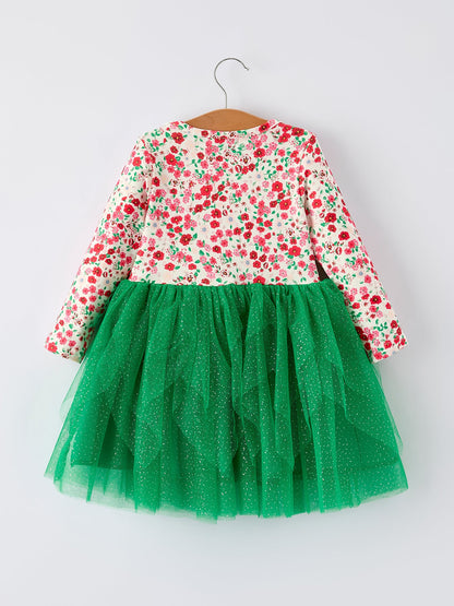 Christmas Santa Applique Floral Long Sleeve Ruffle with Bow Ties Girls Dress