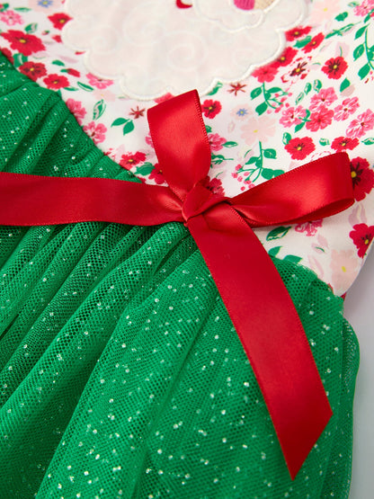 Christmas Santa Applique Floral Long Sleeve Ruffle with Bow Ties Girls Dress