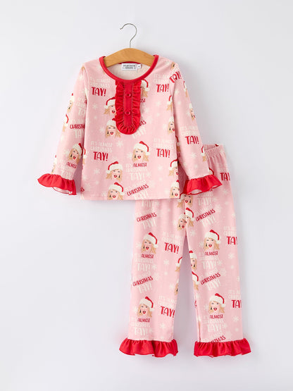 Christmas Santa TS Print Ruffle Girls Pajama Set