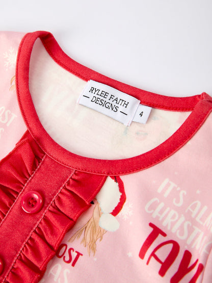Christmas Santa TS Print Ruffle Girls Pajama Set