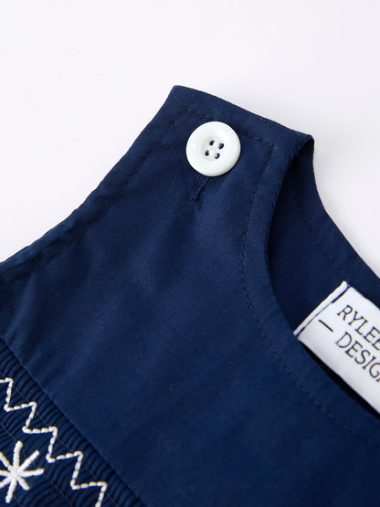 Christmas Navy Blue Nativity Smocking Embroidered Baby Boy Romper