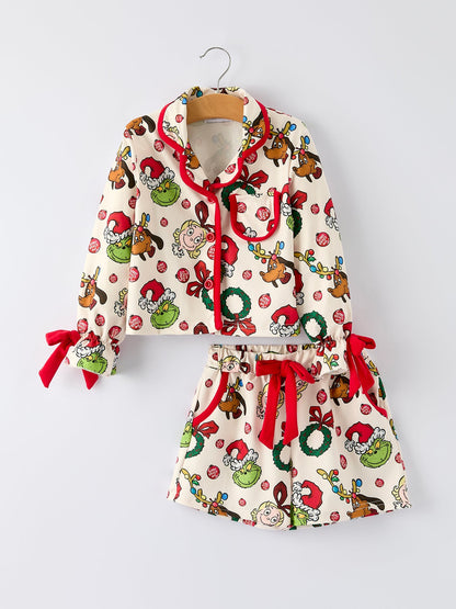 Christmas Wreath Character Print Girls Pajama Set