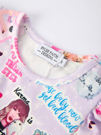 Purple TS Print Ruffle Sleeve Top and Leggings Girls Set