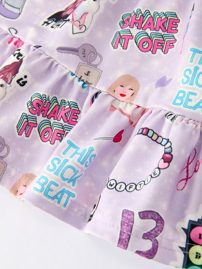 Purple TS Print Ruffle Sleeve Top and Leggings Girls Set