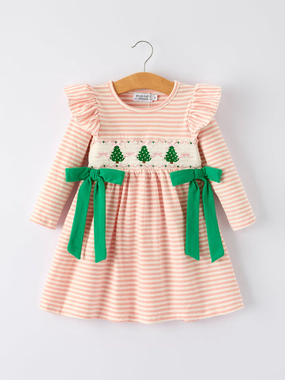 Christmas Tree Smocked Embroidery Stripe Baby Girls Dress