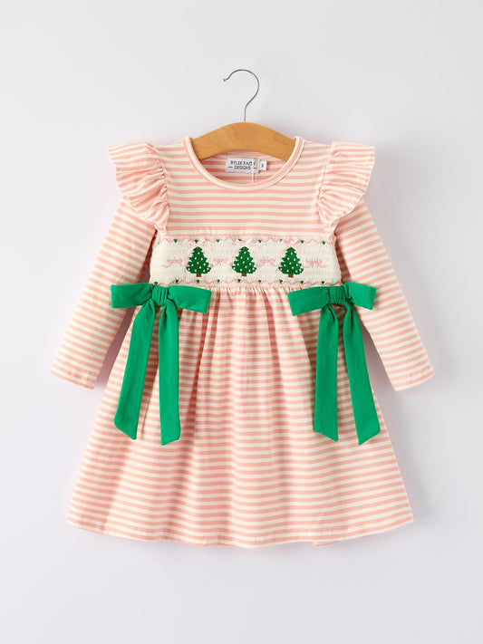 Christmas Tree Smocked Embroidery Stripe Baby Girls Dress