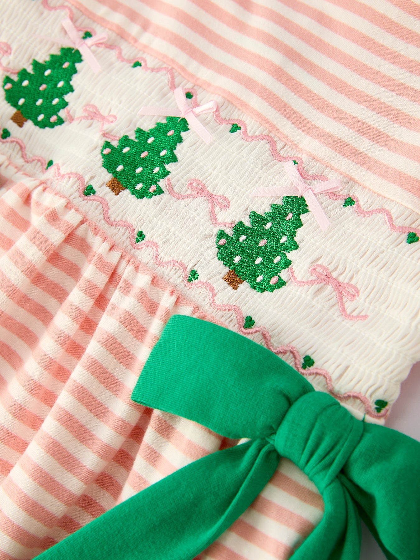 Christmas Tree Smocked Embroidery Stripe Baby Girls Dress