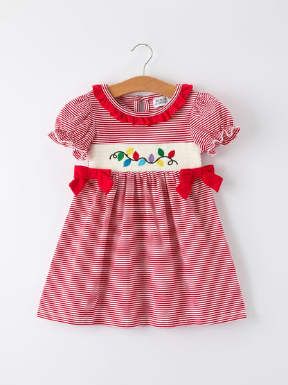 Holiday Girls Dress with Embroidered Christmas Lights and Red Bow Details