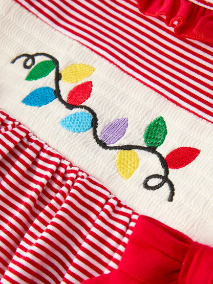 Holiday Girls Dress with Embroidered Christmas Lights and Red Bow Details