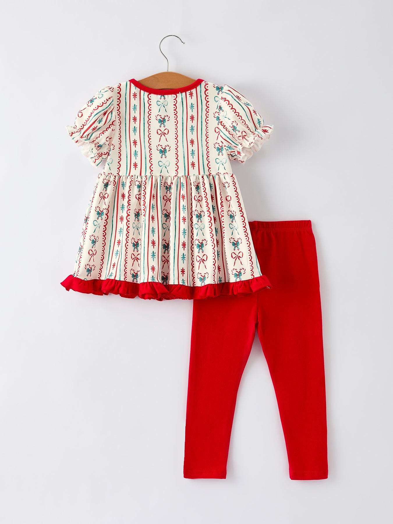 Girl Christmas Outfit – Puff Sleeve Top and Red Leggings Set