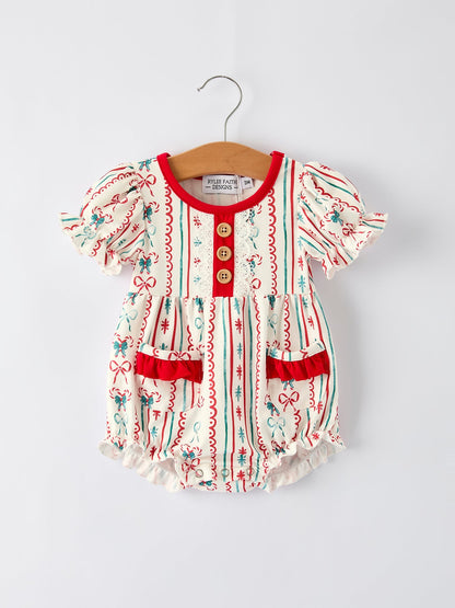 Christmas Baby Girls Romper Stripe Print One-Piece with Ruffle Trim