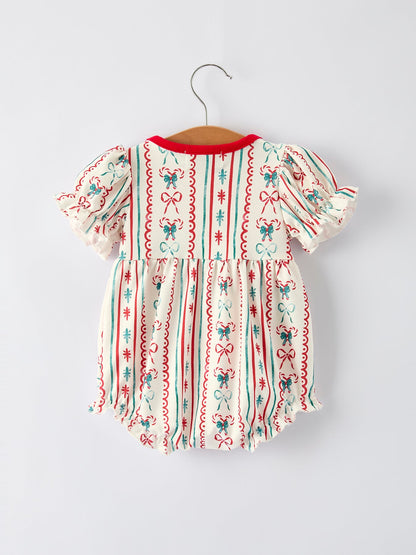 Christmas Baby Girls Romper Stripe Print One-Piece with Ruffle Trim