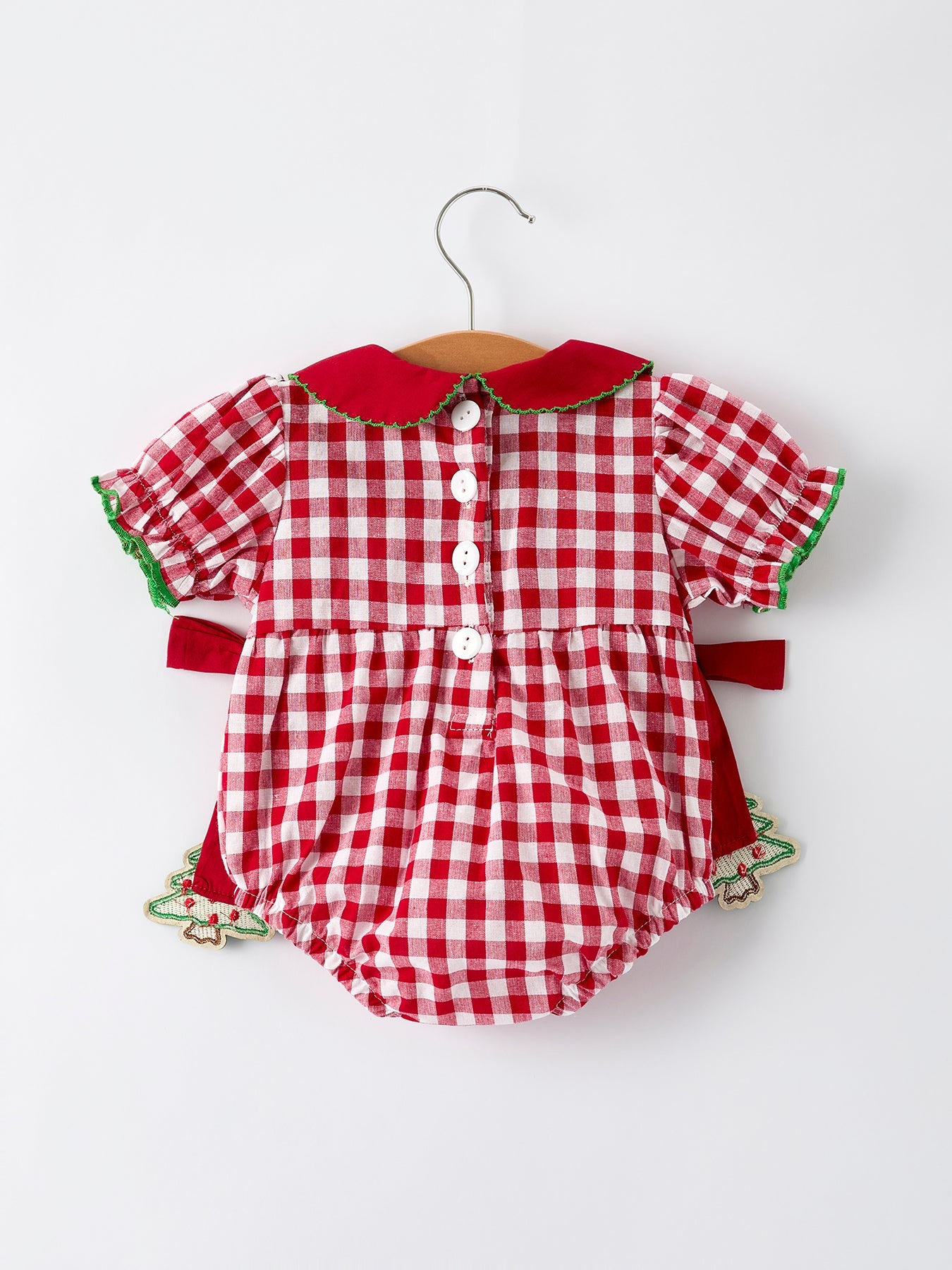 Baby Girls Christmas Outfit – Red Plaid Romper with Tree Bow Accents