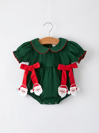 Baby Girls Holiday Outfit – Santa Bow Green Christmas Romper