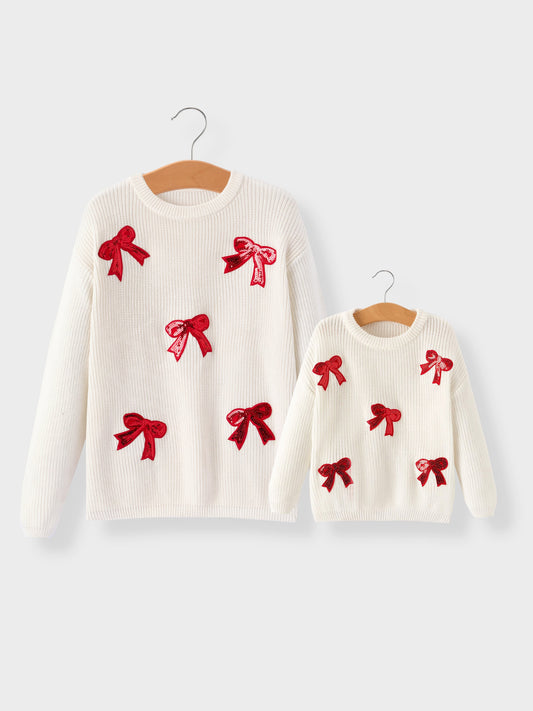 Mommy & Me Winter Girls Bow Sequins Pullover Sweater