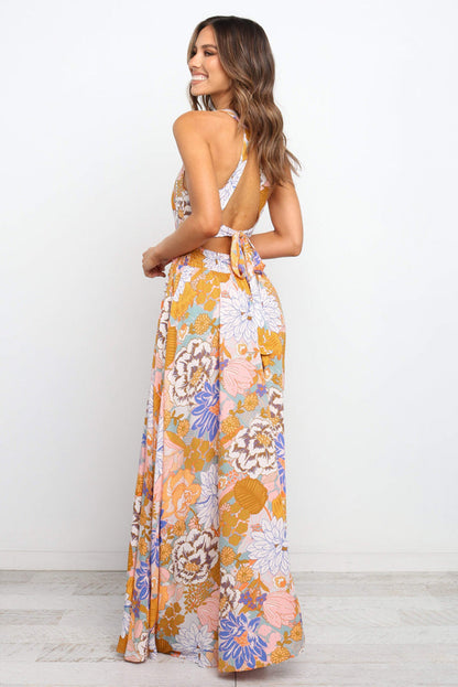 Orange Boho Floral Backless Lace up Sleeveless Maxi Dress Aaria Tees