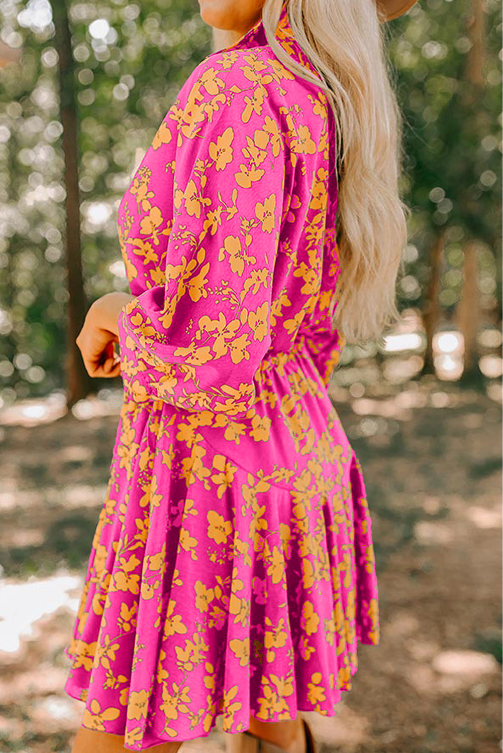 Pink Floral Print Drawstring Tunic Flowy Short Dress - Aaria Tees