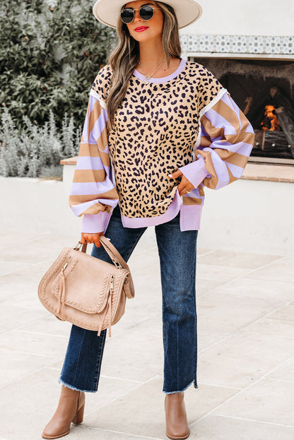 Leopard Stripe Colorblock Patchwork Sweatshirt