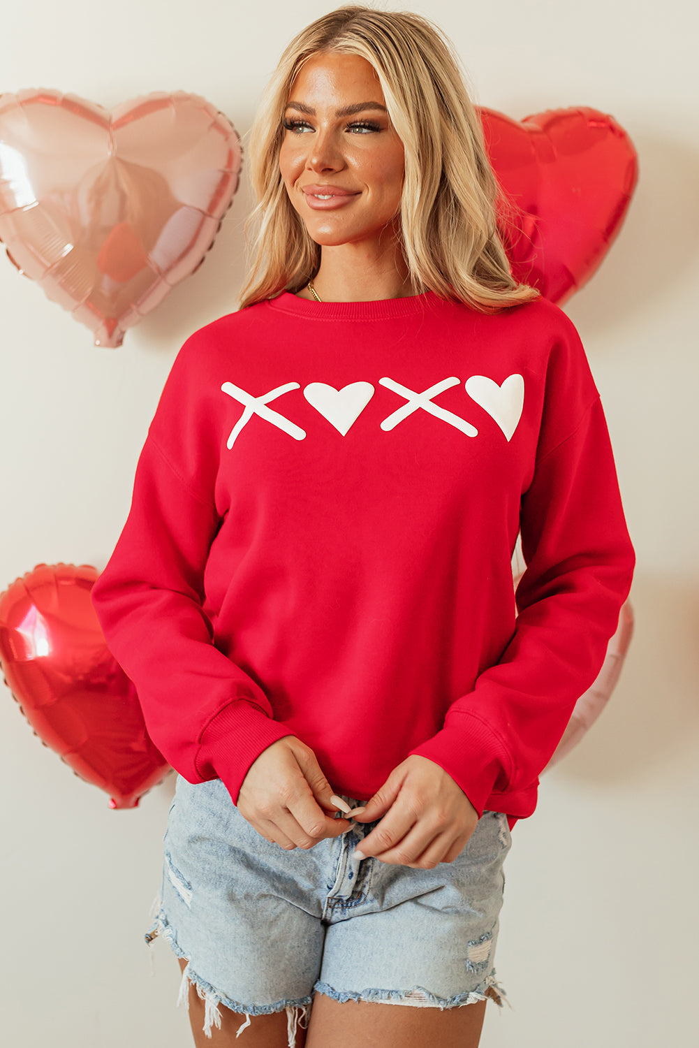 Red Puff XOXO Print Valentines Heart Sweatshirt - Aaria Tees