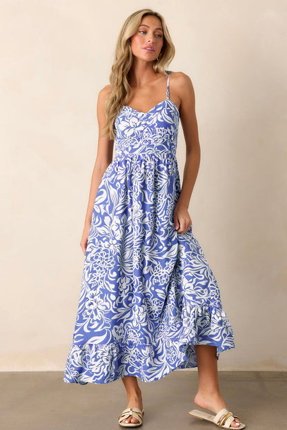 Sky Blue Floral Print Spaghetti Strap High Waist Maxi Dress Aaria Tees