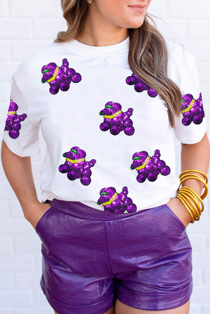 White Sequin Balloon Puppy Graphic Mardi Gras Tee - Aaria Tees