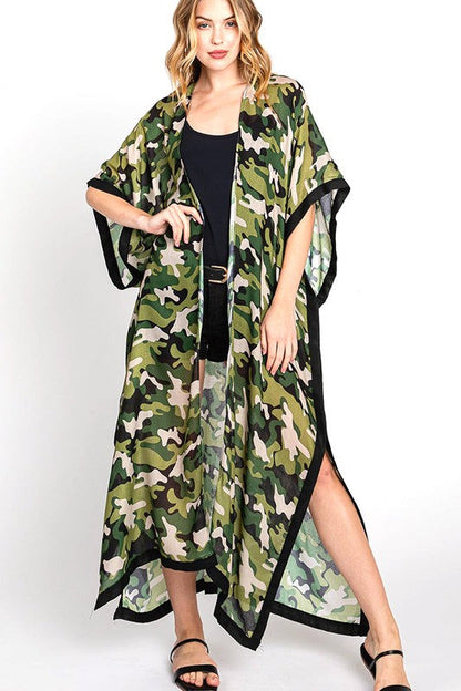 Camouflage Print Extra Long Kimono Duster Cardigan