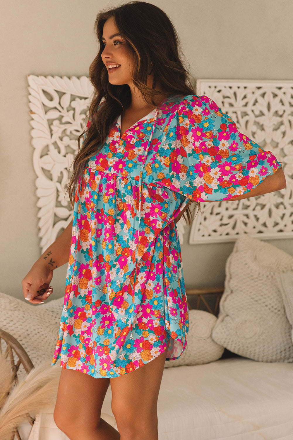 Sky Blue Floral Print Tie Split Neck Bubble Sleeve Babydoll Dress Aaria Tees