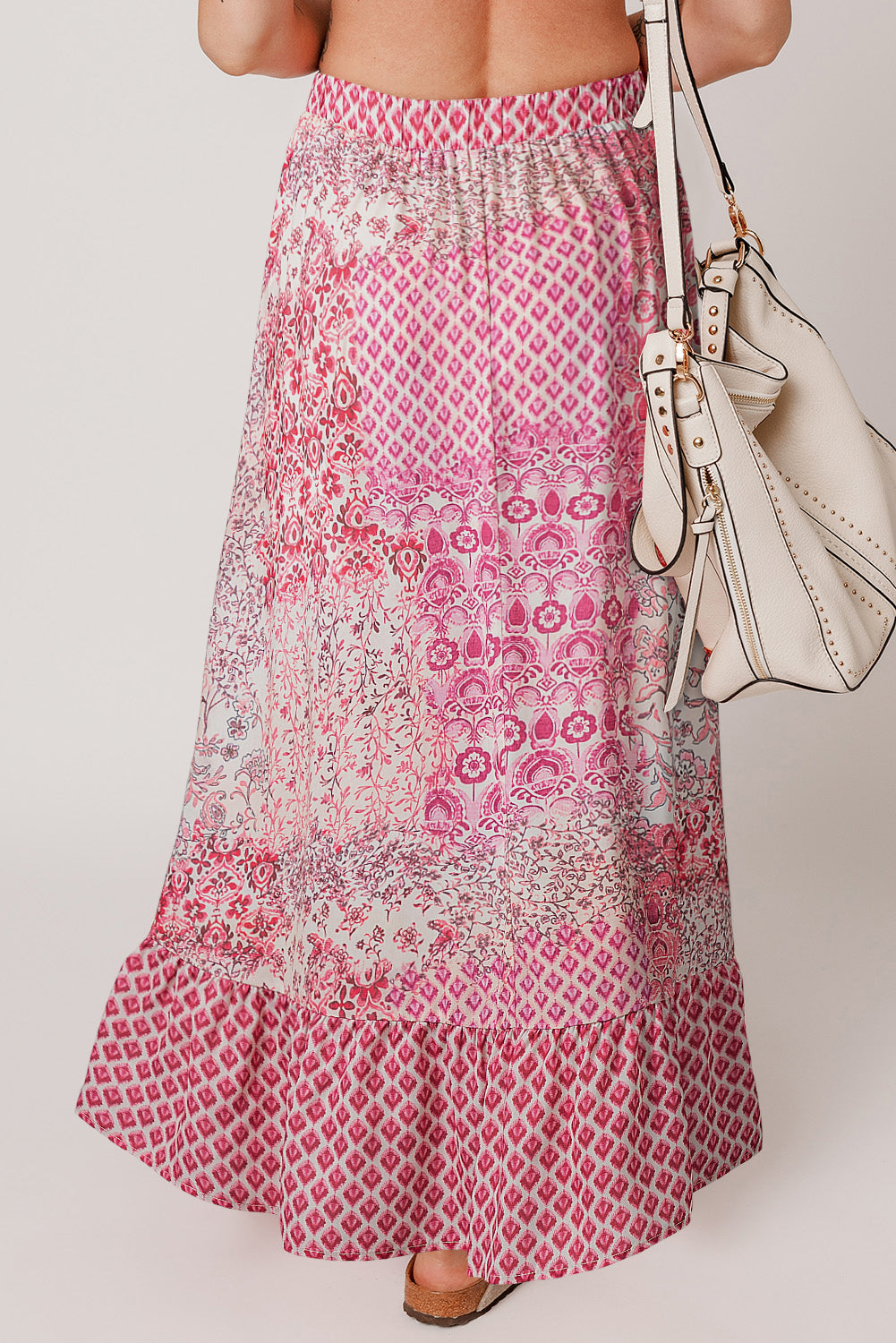 Red Boho Pattern Print Tassel Drawstring High Waist Maxi Dress Aaria Tees
