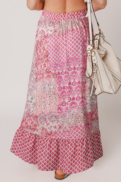 Red Boho Pattern Print Tassel Drawstring High Waist Maxi Dress Aaria Tees