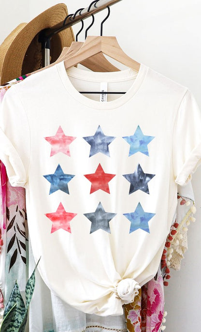 Watercolor Patriotic Star Grid Graphic Tee - Aaria Tees