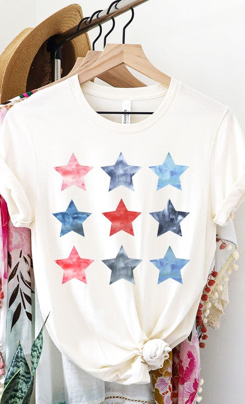 Watercolor Patriotic Star Grid Graphic Tee - Aaria Tees