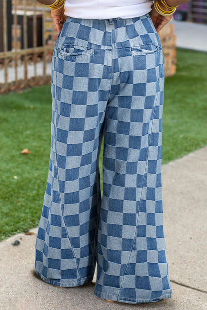 Dusk Blue Plus Size Checkered Seamed High Waist Wide Leg Jeans - Aaria Tees
