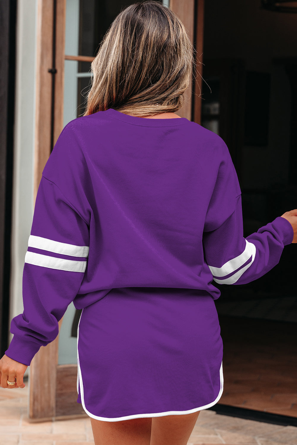 Tillandsia Purple Varsity Stripe Detail Drop Shoulder Pullover Mini Skirt Set