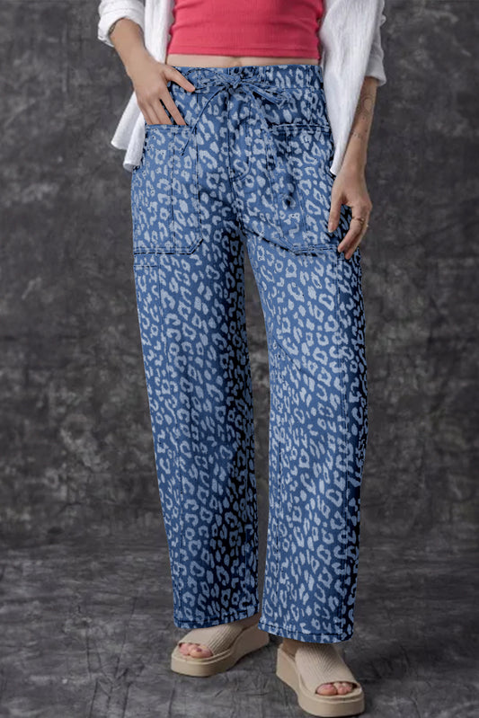 Blue Leopard Printed Drawstring Waist Pocketed Wide Leg Jeans