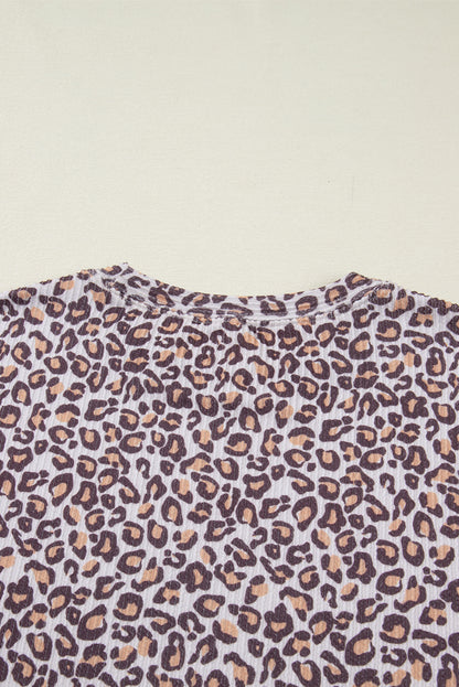 Khaki Leopard Ribbed Long Sleeve Top Drawstring Shorts 2pcs Outfit