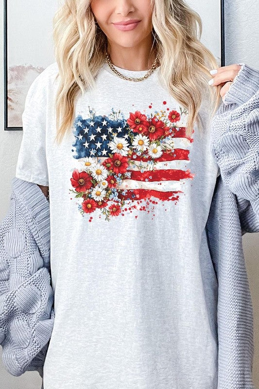 Floral American Flag Graphic Heavy Cotton Tee