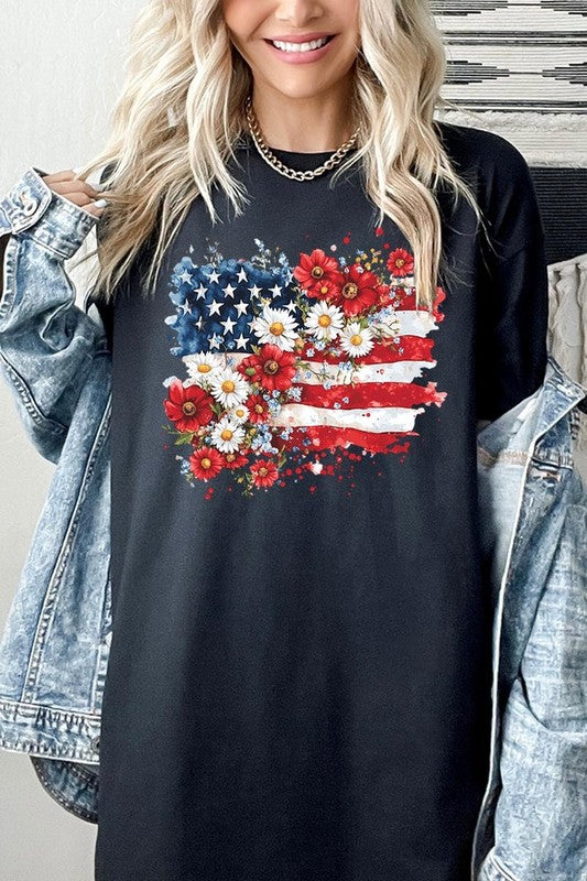 Floral American Flag Graphic Heavy Cotton Tee