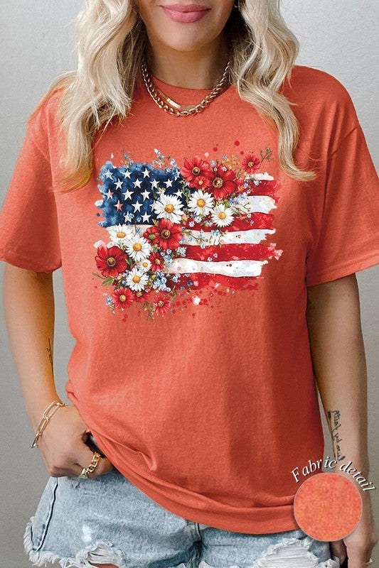 Floral American Flag Graphic Heavy Cotton Tee