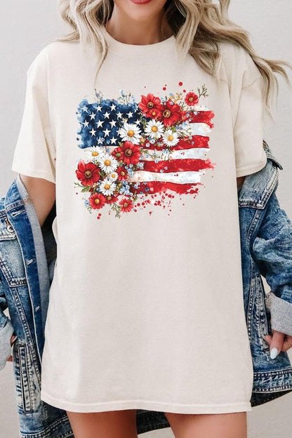 Floral American Flag Graphic Heavy Cotton Tee