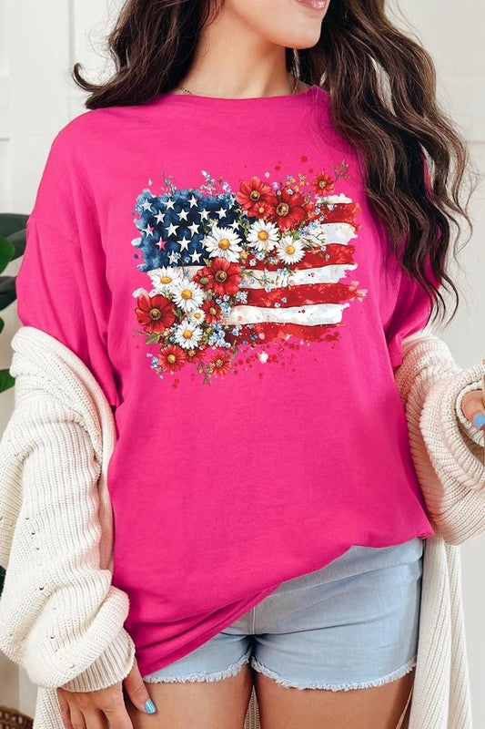Floral American Flag Graphic Heavy Cotton Tee