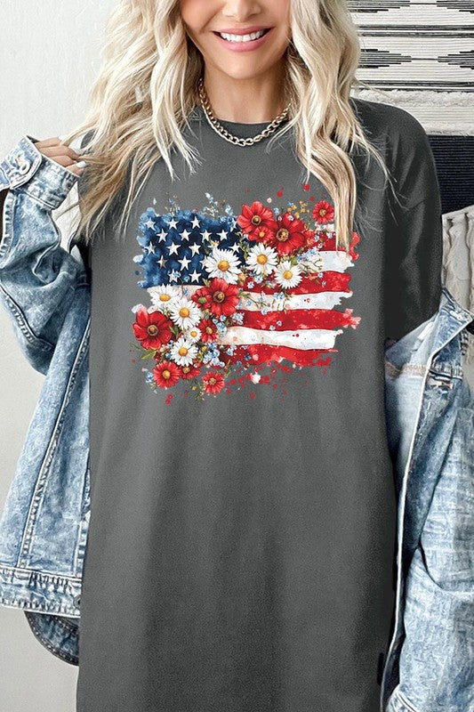 Floral American Flag Graphic Heavy Cotton Tee