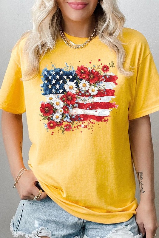 Floral American Flag Graphic Heavy Cotton Tee