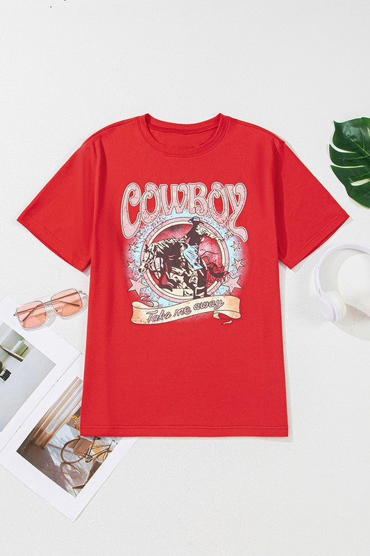 Red COWBOY Take Me Away Graphic Western Loose Tee