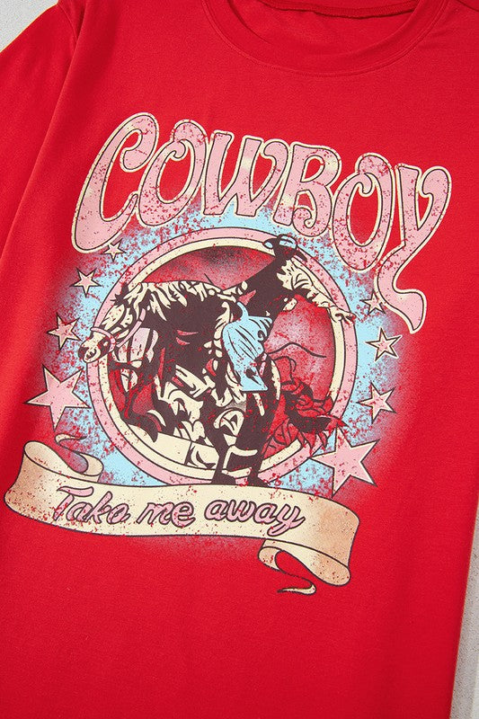 Red COWBOY Take Me Away Graphic Western Loose Tee