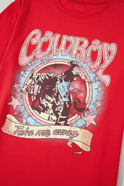 Red COWBOY Take Me Away Graphic Western Loose Tee
