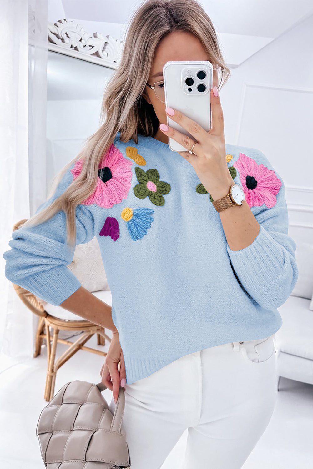 Light Blue Knitted Flower Pattern Ribbed Edge Sweater Aaria Tees