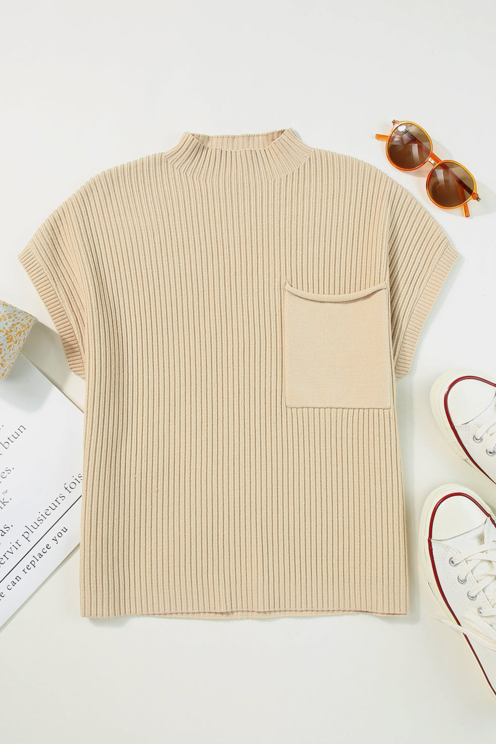 Lindsey Patch Pocket Ribbed Knit Short Sleeve Sweater Threaded Pear