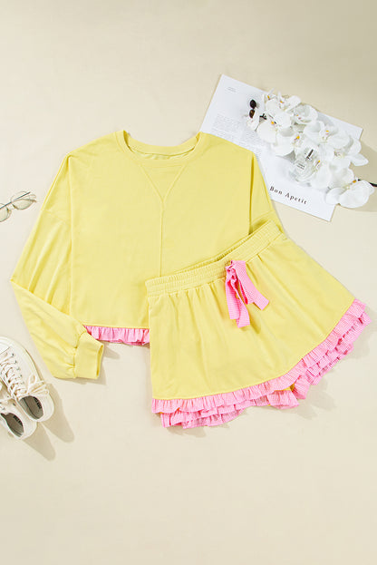 Yellow Contrast Plaid Ruffle Patchwork Pullover Top and Shorts Plus Size Set